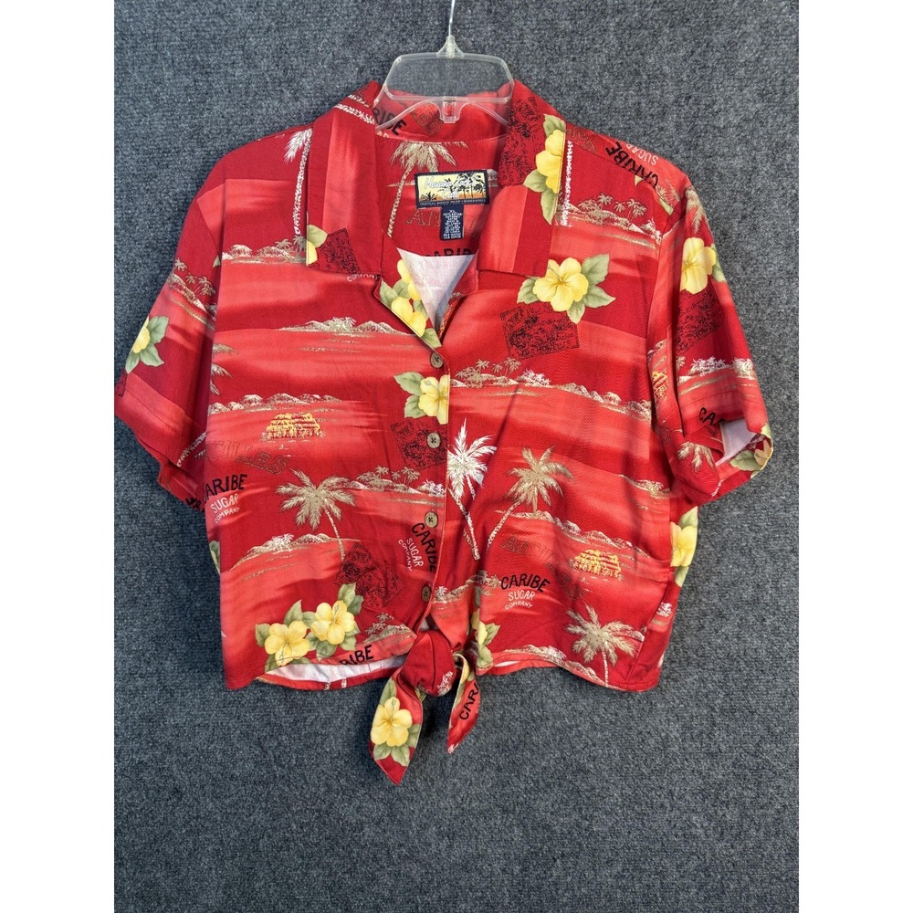 Havana Jack's Cafe Front Tie Blouse Women's Sz XL Red Multicolor Hibiscus Floral